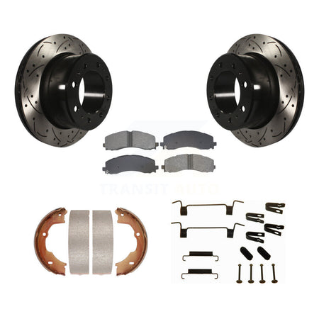Rear Disc Drilled & Slotted Rotors Semi-Metallic Pads Parking Shoes And Hardware Kit For KDS-101775