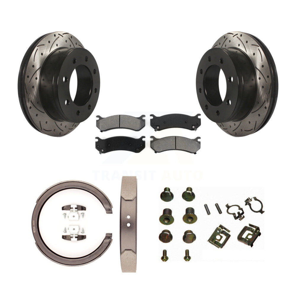 Rear Disc Drilled & Slotted Rotors Semi-Metallic Pads Parking Shoes And Hardware Kit For KDS-101776