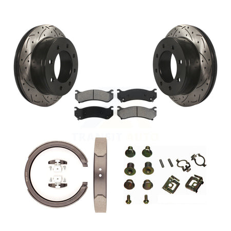 Rear Disc Drilled & Slotted Rotors Semi-Metallic Pads Parking Shoes And Hardware Kit For KDS-101776
