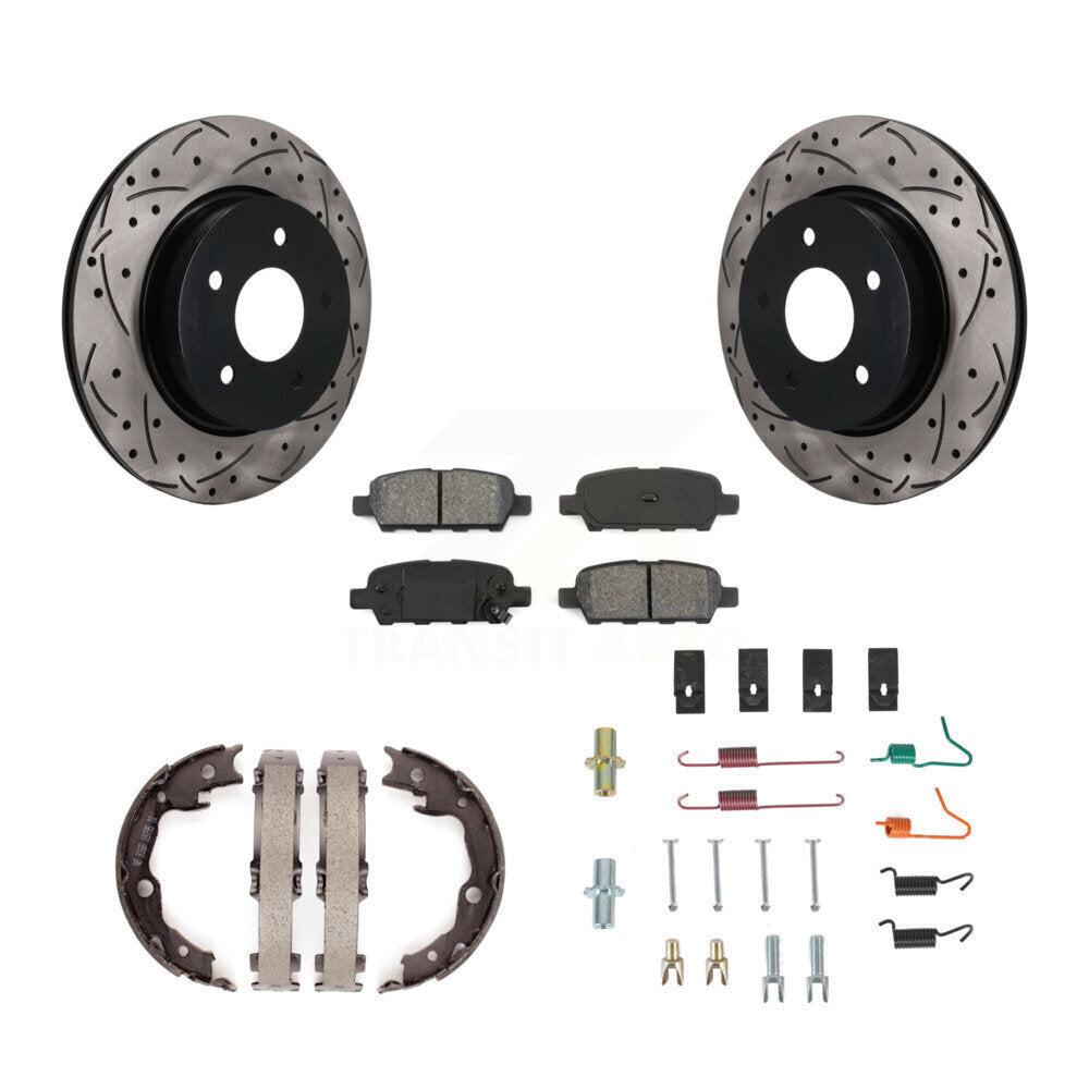 Rear Disc Drilled & Slotted Rotors Semi-Metallic Pads Parking Shoes And Hardware Kit For KDS-101777