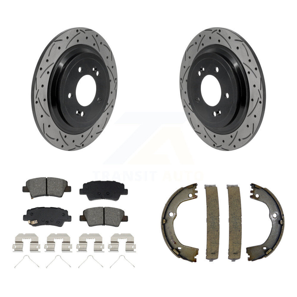 Rear Disc Drilled & Slotted Rotors Semi-Metallic Pads Parking Shoes Kit For Kia Sportage KDS-101780