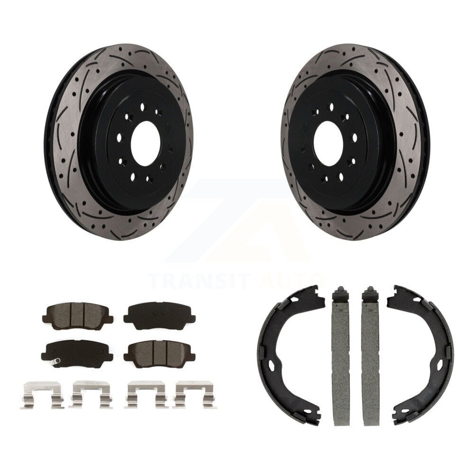 Rear Disc Drilled & Slotted Rotors Semi-Metallic Pads Parking Shoes Kit For Cadillac ATS KDS-101781