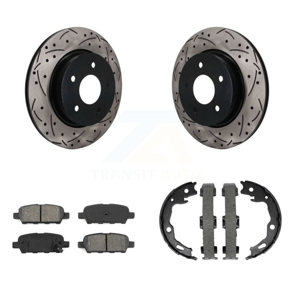 Rear Disc Drilled & Slotted Rotors Semi-Metallic Pads Parking Shoes Kit For Nissan Rogue KDS-101782