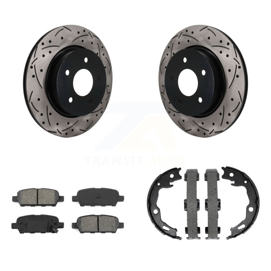 Rear Disc Drilled & Slotted Rotors Semi-Metallic Pads Parking Shoes Kit For Nissan Rogue KDS-101782