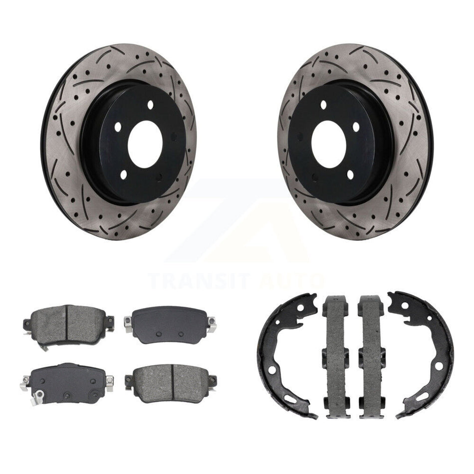 Rear Disc Drilled & Slotted Rotors Semi-Metallic Pads Parking Shoes Kit For Nissan Rogue KDS-101783