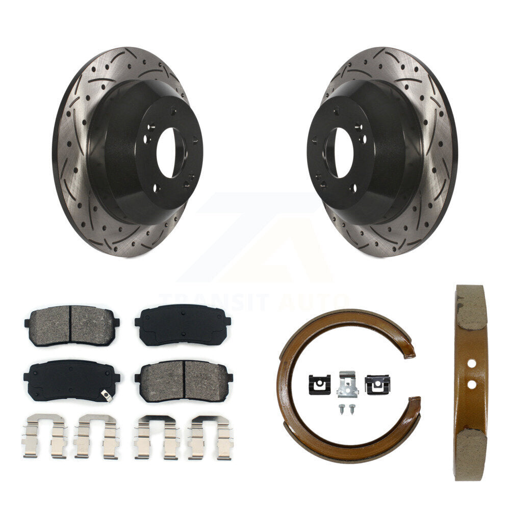 Rear Disc Drilled & Slotted Rotors Semi-Metallic Pads Parking Shoes Kit For Kia Sedona KDS-101784