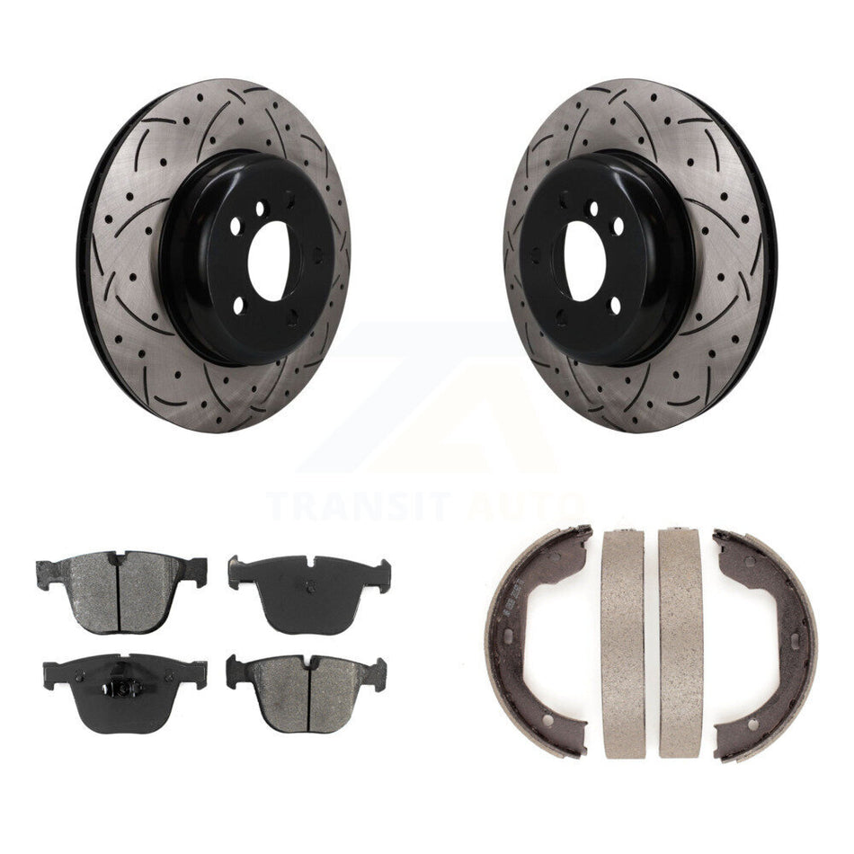 Rear Disc Drilled & Slotted Rotors Semi-Metallic Pads Parking Shoes Kit For BMW 535i GT 7 KDS-101785