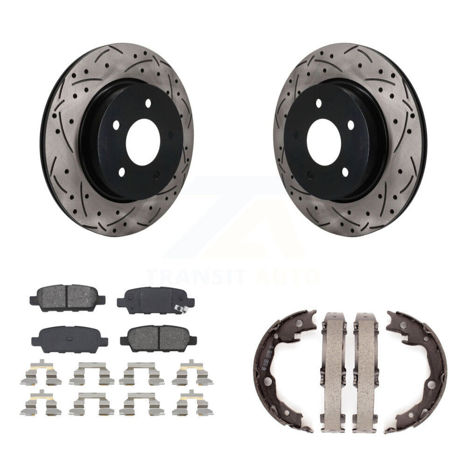 Rear Disc Drilled & Slotted Rotors Semi-Metallic Pads Parking Shoes Kit For Nissan LEAF KDS-101787