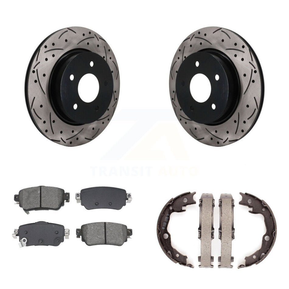 Rear Disc Drilled & Slotted Rotors Semi-Metallic Pads Parking Shoes Kit For Nissan LEAF KDS-101788