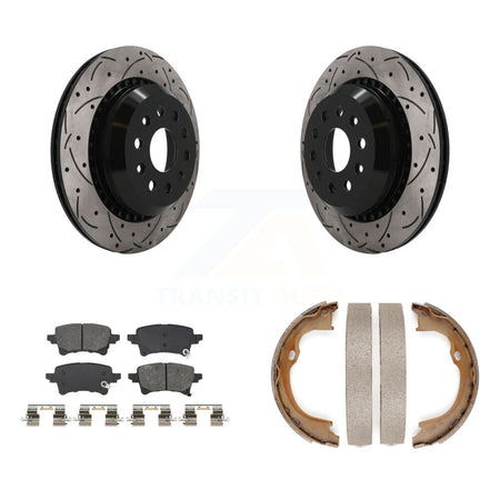 Rear Disc Drilled & Slotted Rotors Semi-Metallic Pads Parking Shoes Kit For Jeep Wrangler KDS-101790