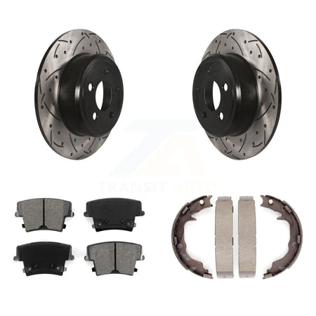 Rear Disc Drilled & Slotted Rotors Semi-Metallic Pads Parking Shoes Kit For Dodge Avenger KDS-101794