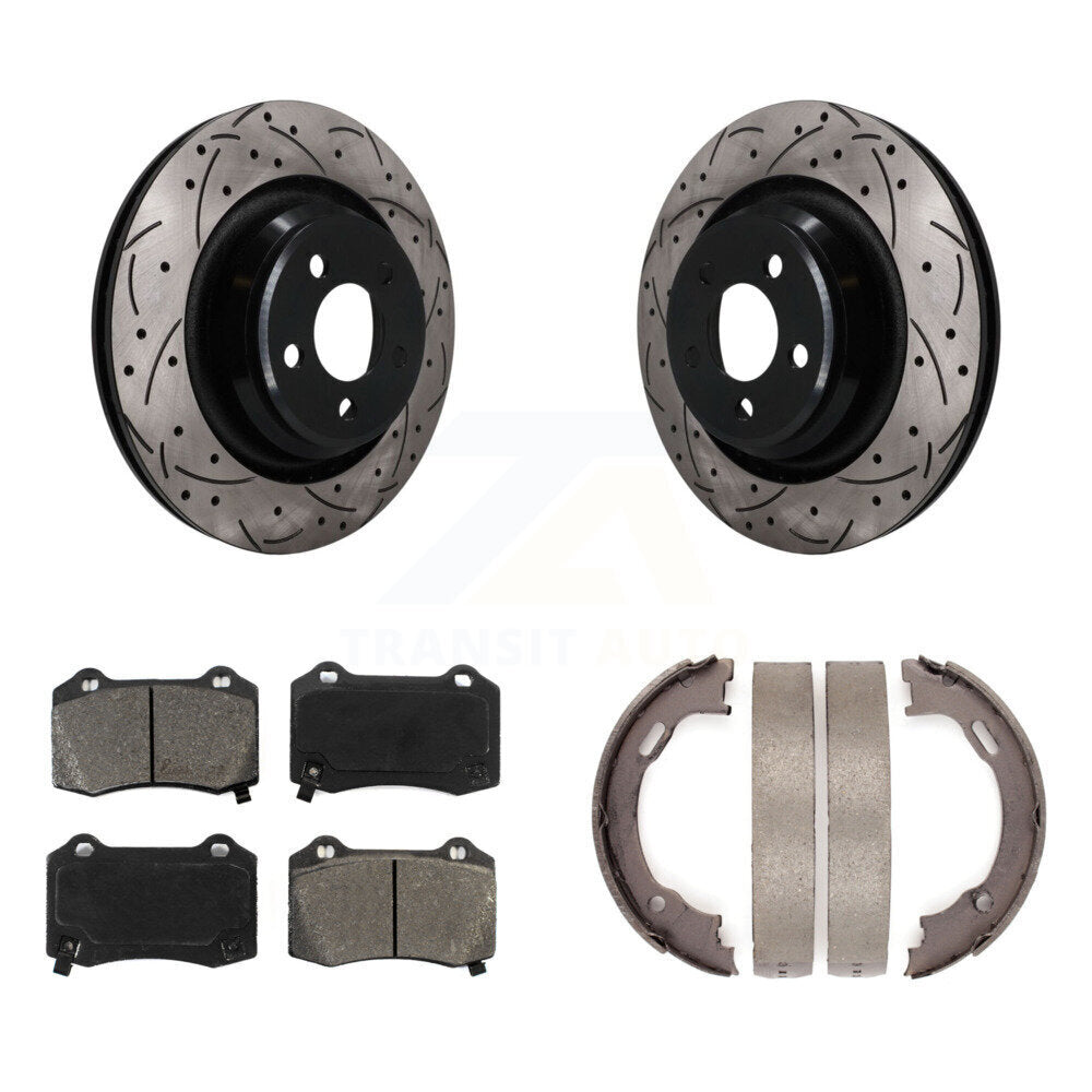 Rear Disc Drilled & Slotted Rotors Semi-Metallic Pads Parking Shoes Kit For Dodge Charger KDS-101795