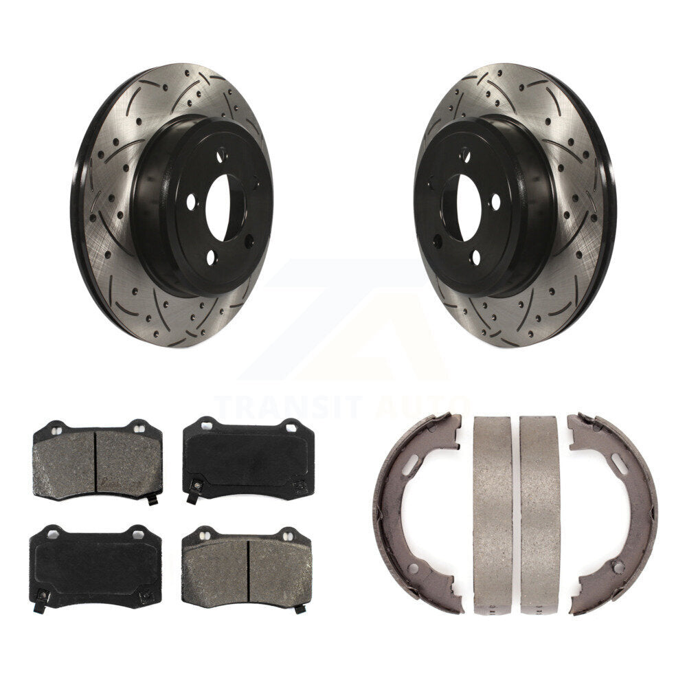 Rear Disc Drilled & Slotted Rotors Semi-Metallic Pads Parking Shoes Kit For Chrysler 300 KDS-101811