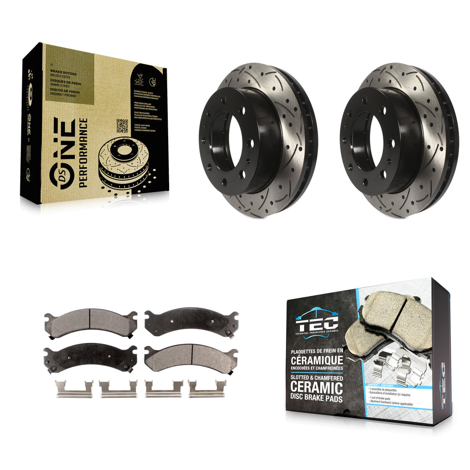 Front Drilled Slot Disc Brake Rotor & Ceramic Pad Kit For Chevrolet Silverado 2500 HD GMC Express 3500 Sierra Cadillac DeVille Savana Hummer H2 Classic 1500 Suburban Yukon XL KDT-100001