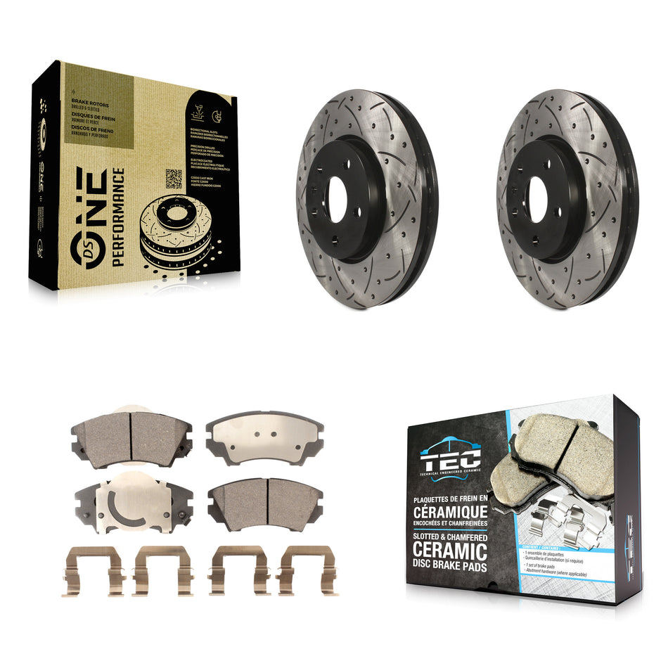 Front Coated Drilled Slotted Disc Brake Rotors And Ceramic Pads Kit For 2010-2015 Chevrolet Camaro LT LS KDT-100006