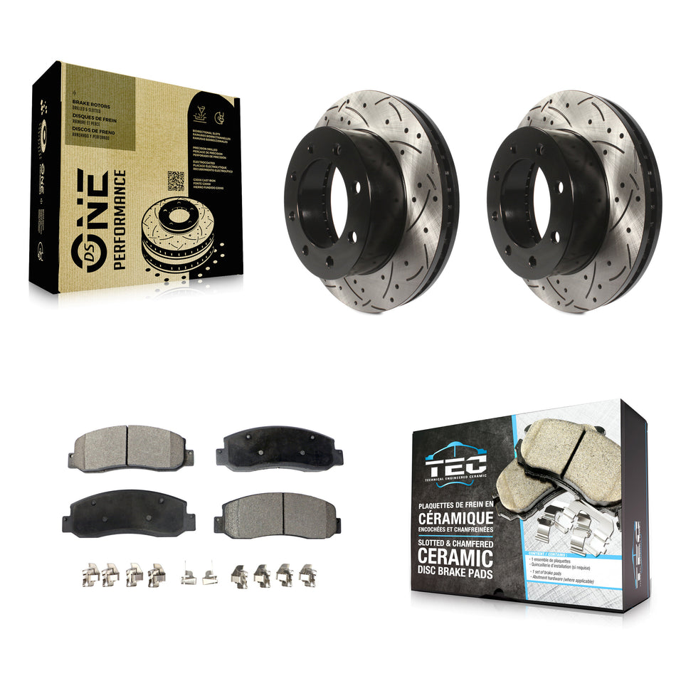Front Coated Drilled Slotted Disc Brake Rotors And Ceramic Pads Kit For Ford F-250 Super Duty F-350 KDT-100017