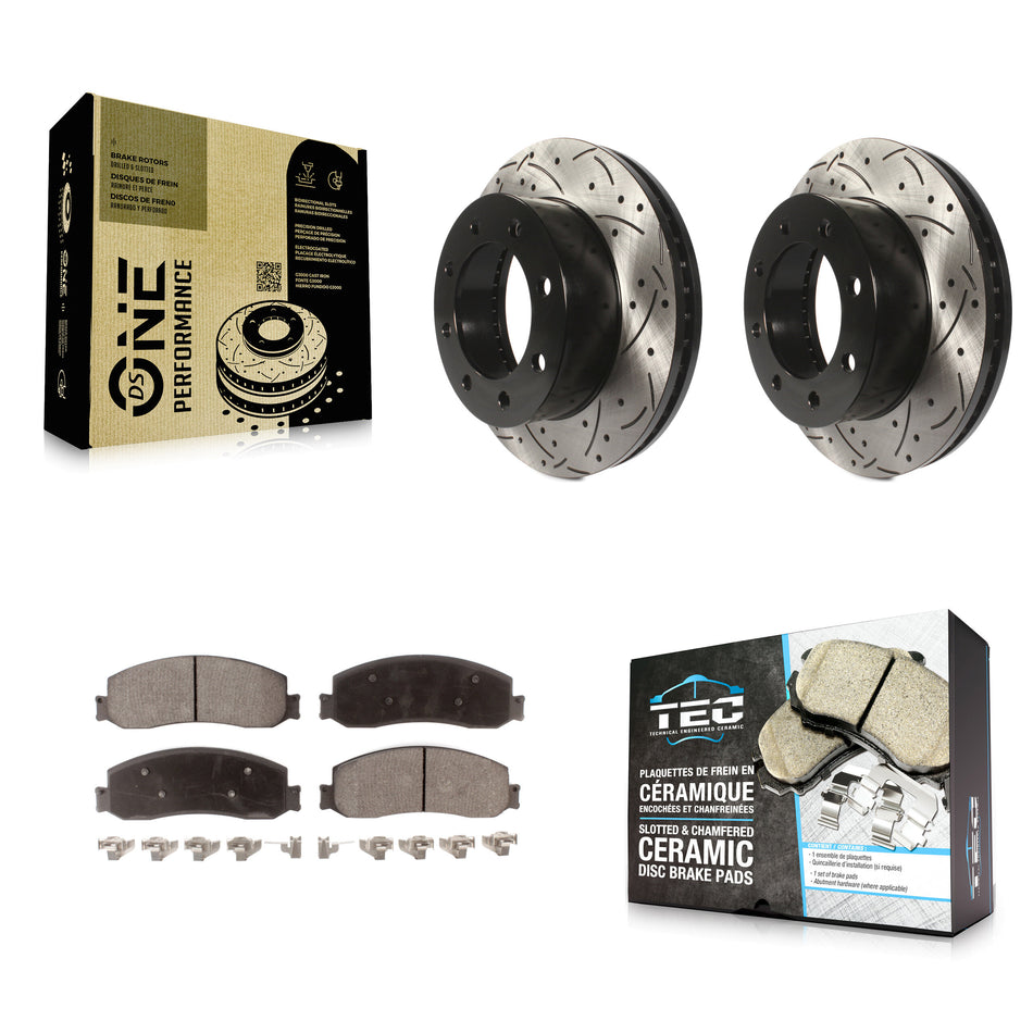 Front Coated Drilled Slotted Disc Brake Rotors And Ceramic Pads Kit For Ford F-250 Super Duty F-350 With Single Rear Wheels 4WD KDT-100019