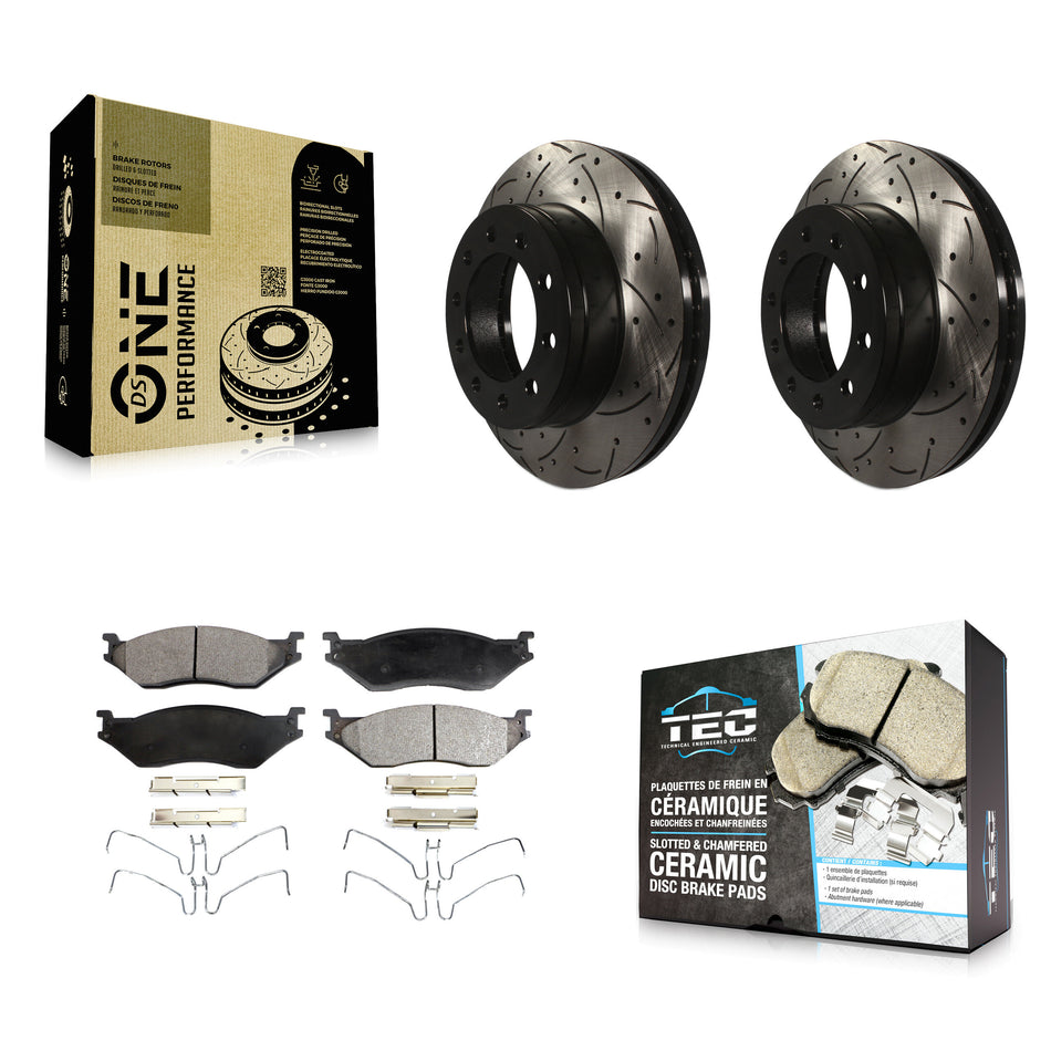 Front Coated Drilled Slotted Disc Brake Rotors And Ceramic Pads Kit For Ford F-450 Super Duty F-550 International CF500 CF600 KDT-100020