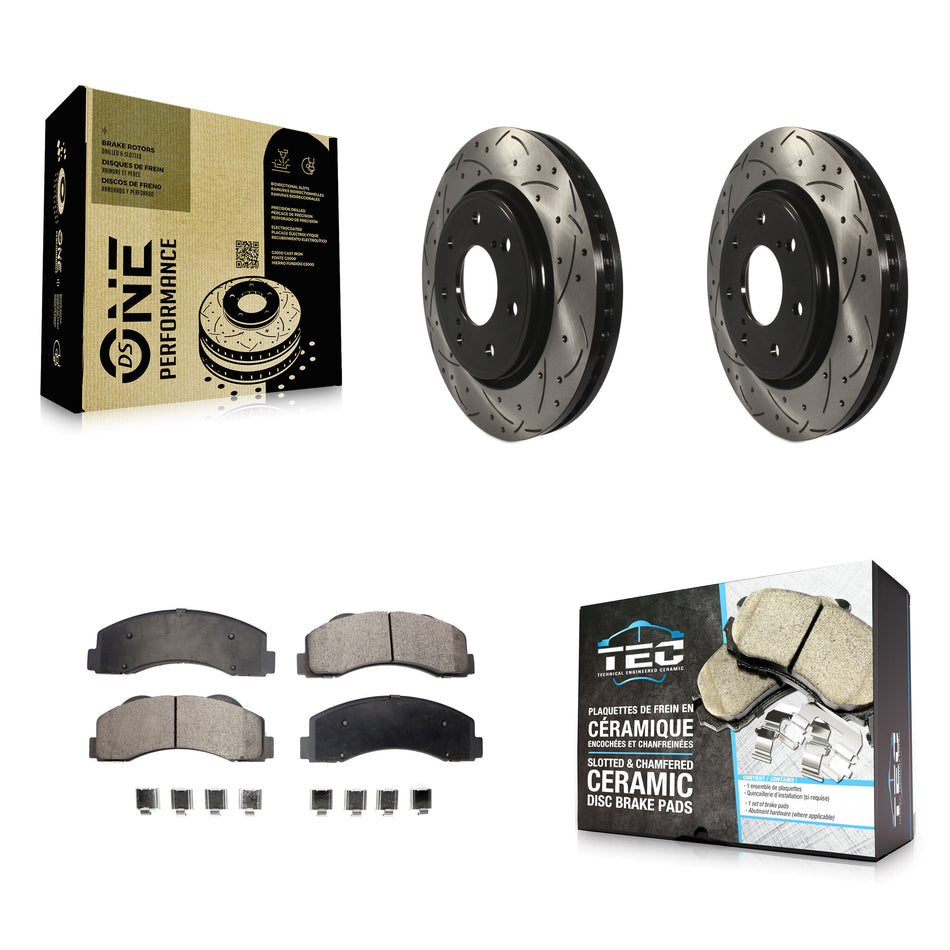 Front Coated Drilled Slotted Disc Brake Rotors And Ceramic Pads Kit For 2010-2014 Ford F-150 With 7 Lug Wheels KDT-100030