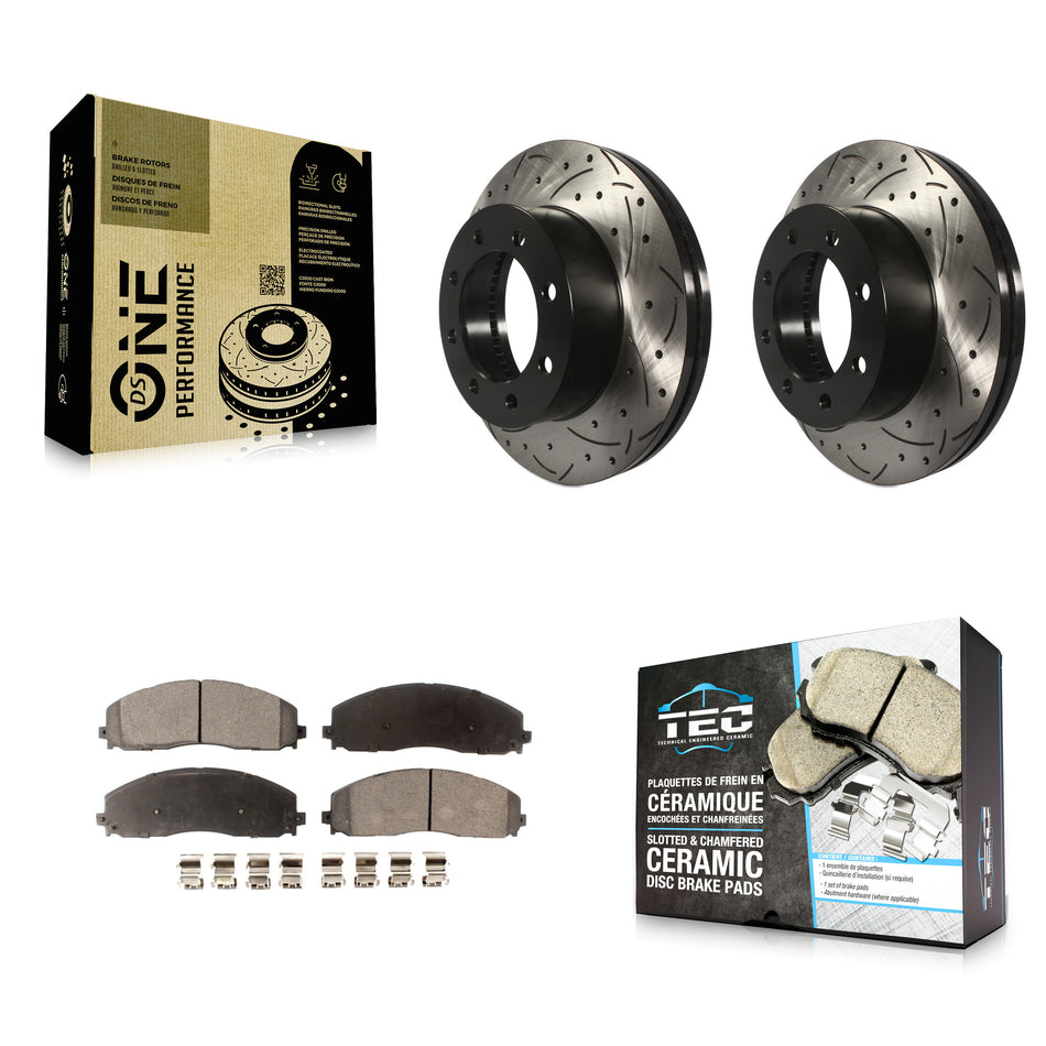 Front Coated Drilled Slotted Disc Brake Rotors And Ceramic Pads Kit For Ford F-250 Super Duty F-350 F-450 KDT-100036
