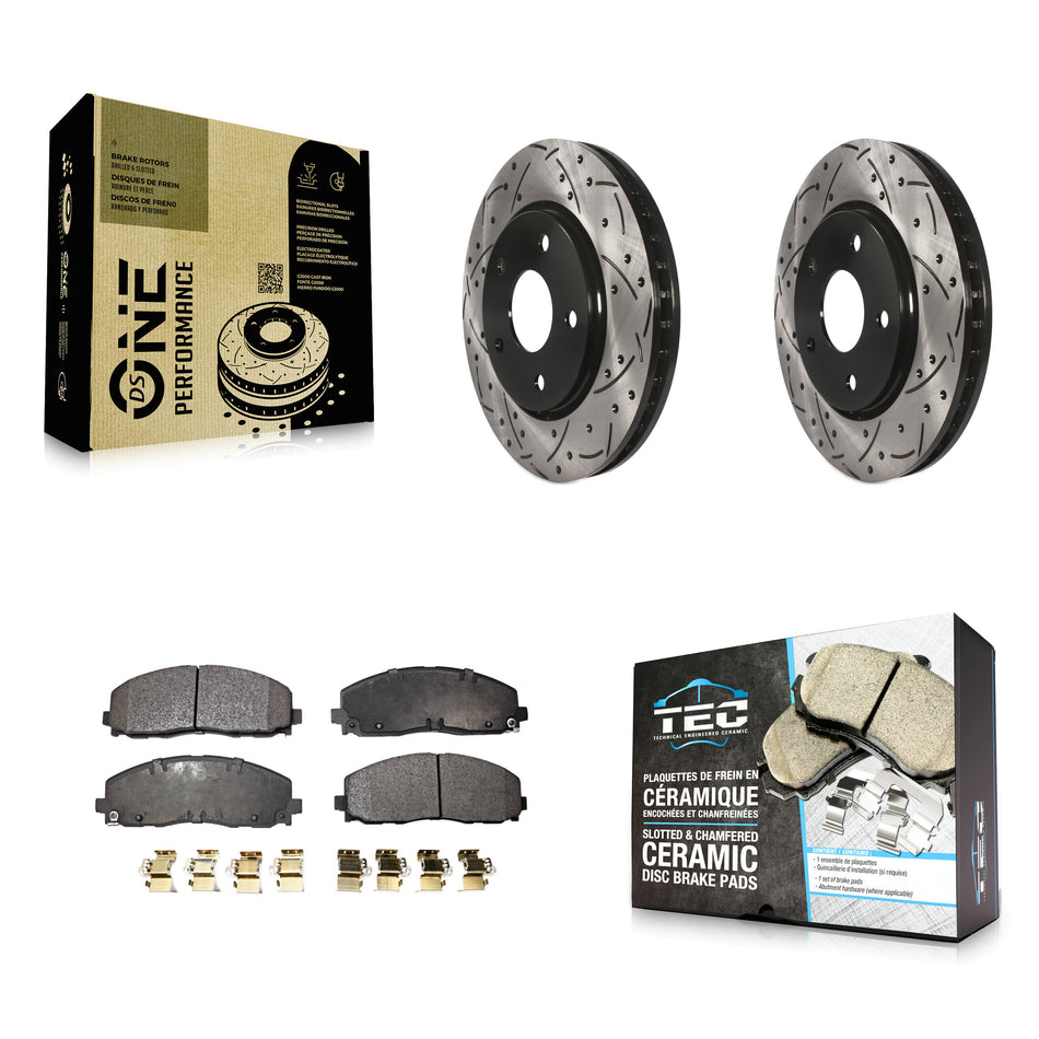 Front Coated Drilled Slotted Disc Brake Rotors And Ceramic Pads Kit For 2017-2018 Dodge Grand Caravan With Single Piston Caliper KDT-100050