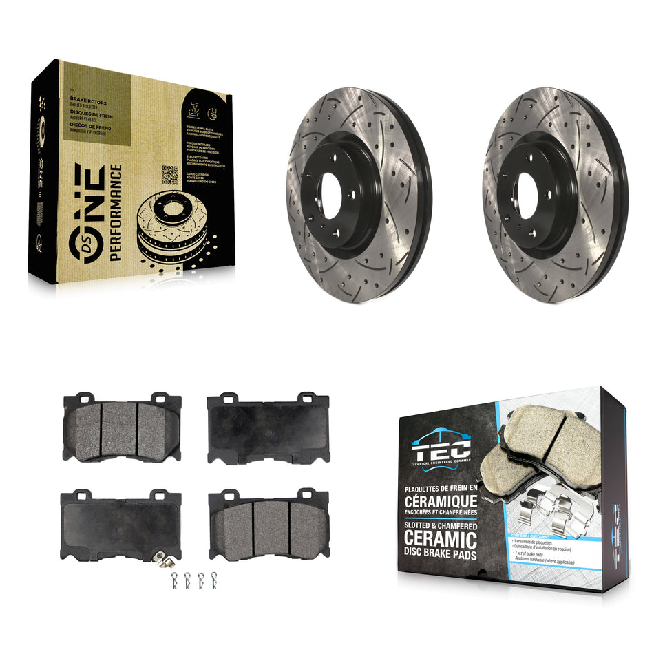 Front Coated Drilled Slotted Disc Brake Rotors And Ceramic Pads Kit For 2017-2018 INFINITI Q70 Hybrid With Sport Package KDT-100067