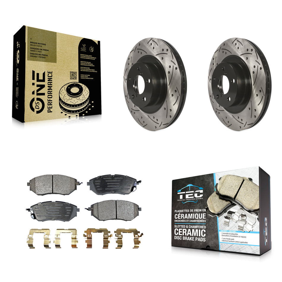 Front Coated Drilled Slotted Disc Brake Rotors And Ceramic Pads Kit For 2009 Subaru Legacy 3.0 R with 3.0L With 292mm Diameter Rotor KDT-100074