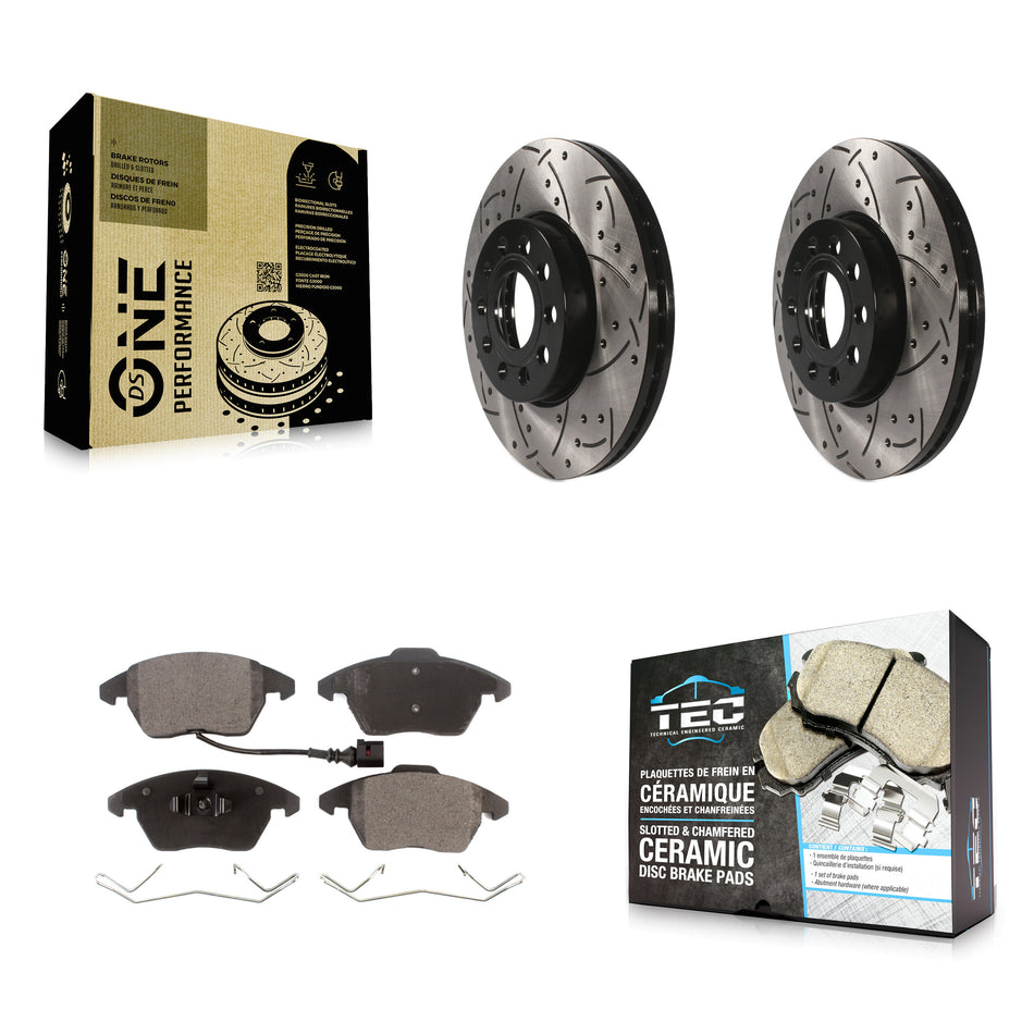 Front Coated Drilled Slotted Disc Brake Rotors And Ceramic Pads Kit For Volkswagen Jetta Beetle Golf Rabbit Eos Audi A3 GTI Quattro KDT-100083