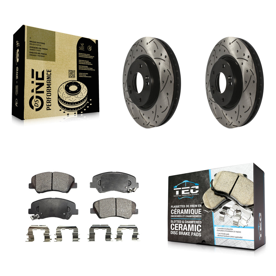 Front Coated Drilled Slotted Disc Brake Rotors And Ceramic Pads Kit For 2015 Hyundai Veloster Tech RE FLEX SE KDT-100091