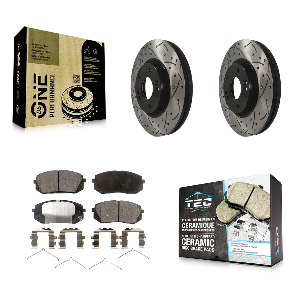 Front Coated Drilled Slotted Disc Brake Rotors And Ceramic Pads Kit For 2016 Hyundai Sonata FULL HYBRID EV-GAS (FHEV) engine KDT-100093