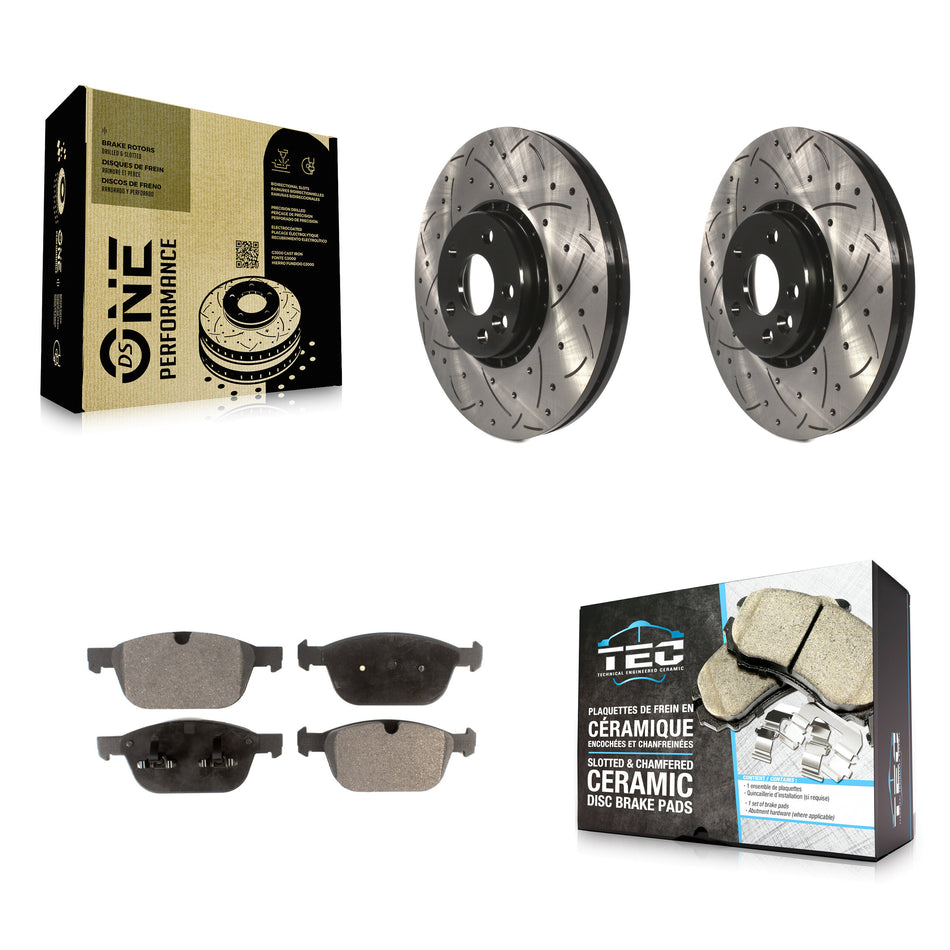 Front Coated Drilled Slotted Disc Brake Rotors And Ceramic Pads Kit For 2010-2015 Volvo XC60 KDT-100138