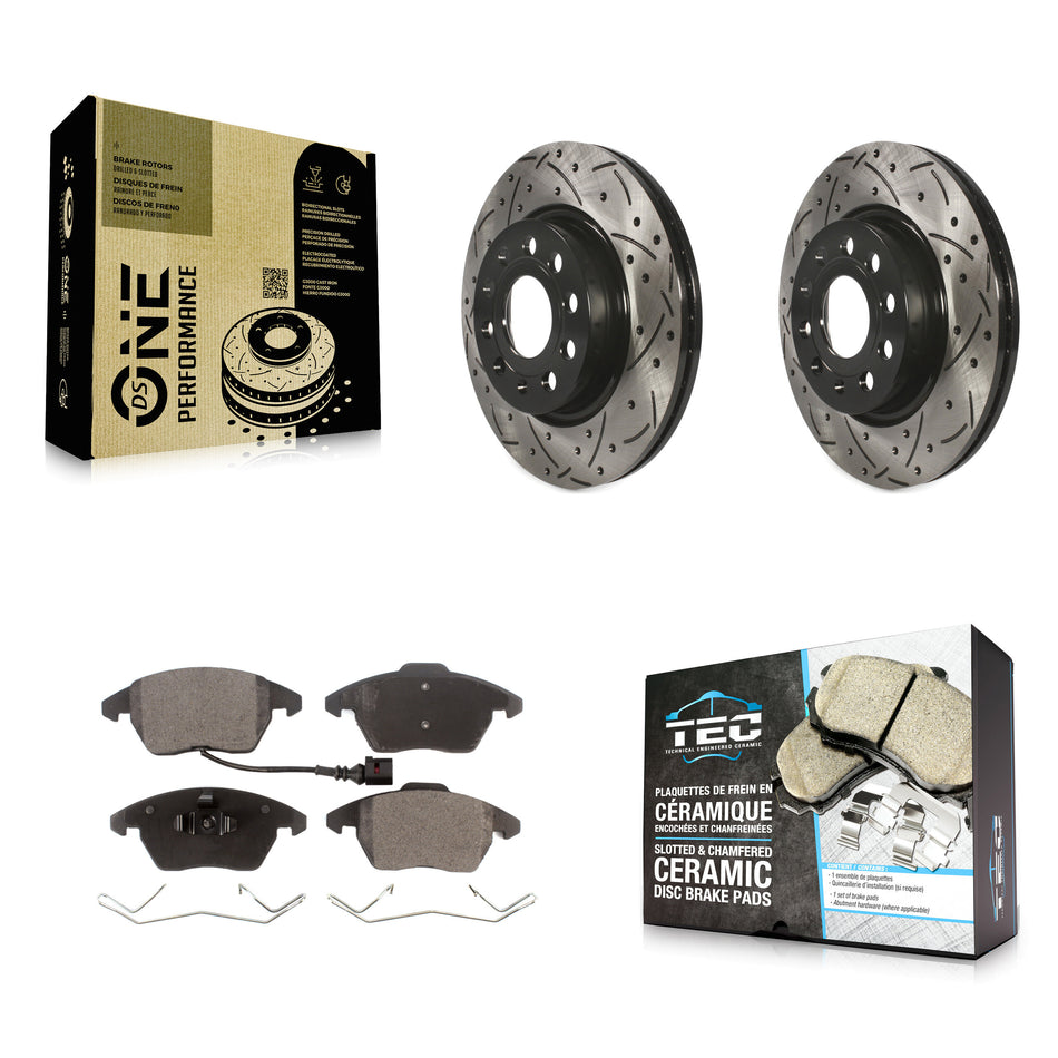 Front Coated Drilled Slotted Disc Brake Rotors And Ceramic Pads Kit For Volkswagen GTI Audi A3 Quattro With 280mm Diameter Rotor KDT-100149