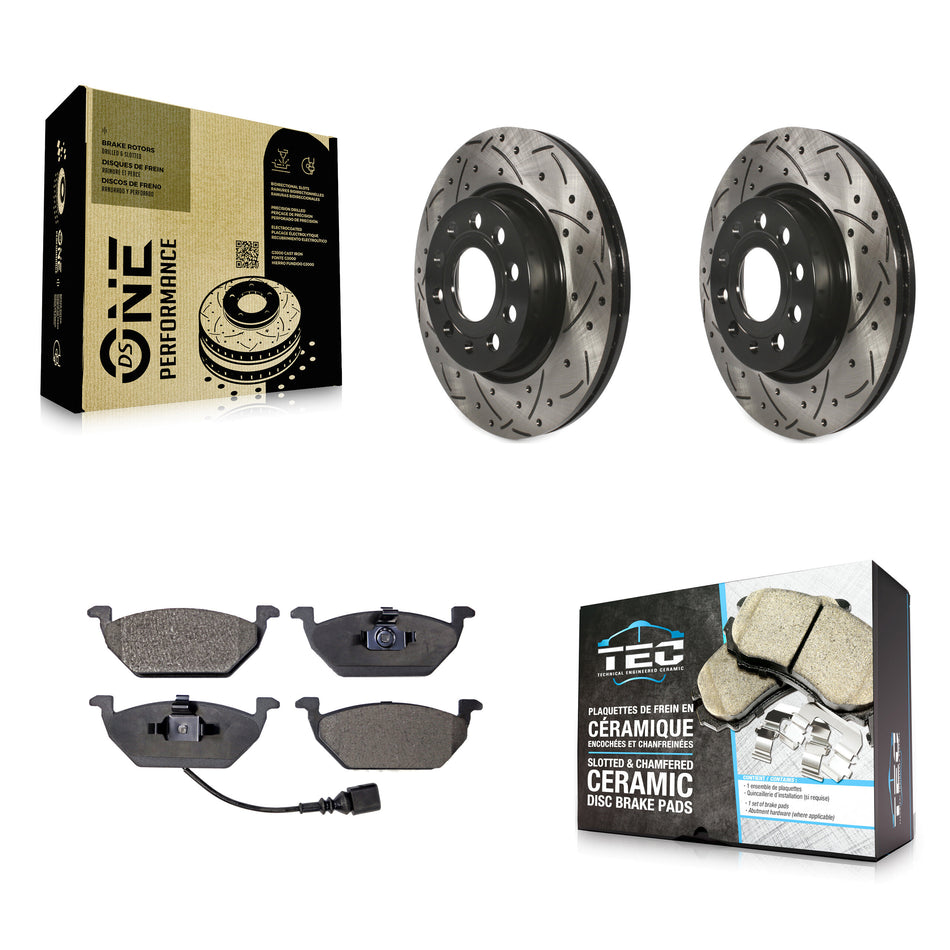 Front Coated Drilled Slotted Disc Brake Rotors And Ceramic Pads Kit For 2011-2015 Volkswagen Jetta With 280mm Diameter Rotor KDT-100150