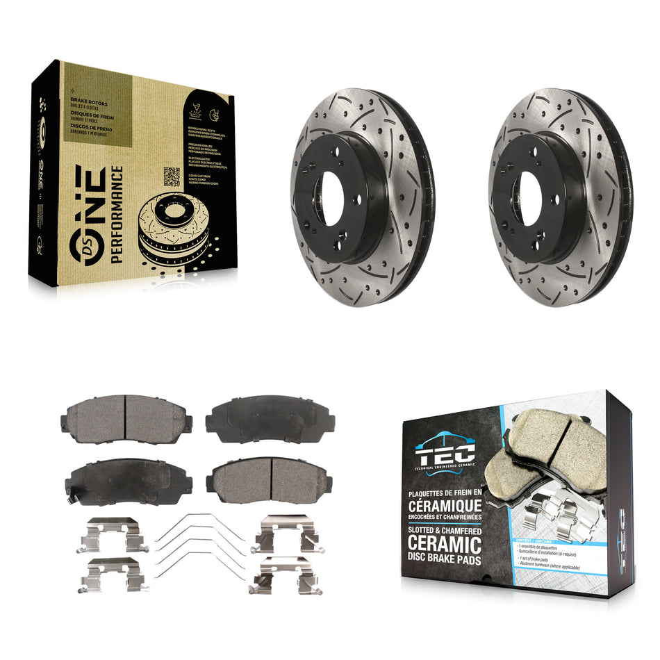 Front Coated Drilled Slotted Disc Brake Rotors And Ceramic Pads Kit For 2015 Honda Civic LX SE with Manual transmission KDT-100155