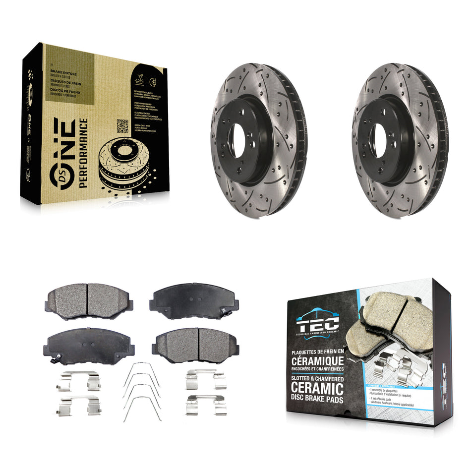 Front Coated Drilled Slotted Disc Brake Rotors And Ceramic Pads Kit For 2015 Honda Civic EX with Manual transmission KDT-100167