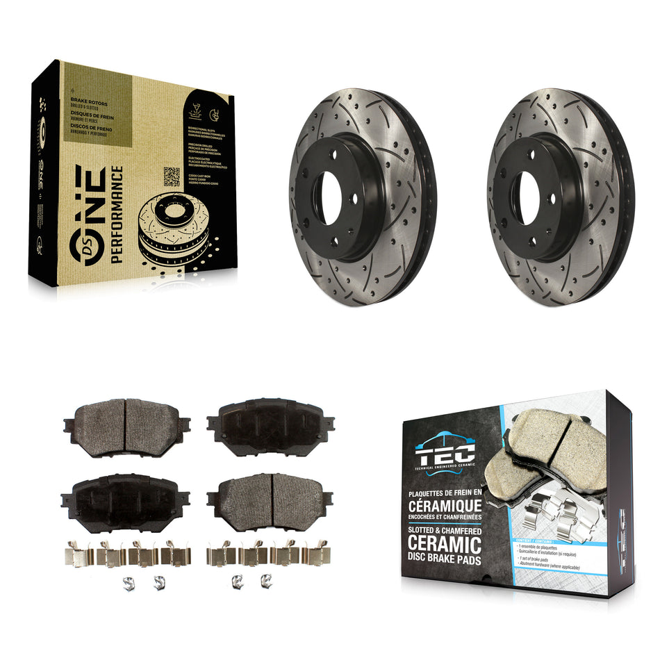 Front Coated Drilled Slotted Disc Brake Rotor Ceramic Pad Kit For 2014-2018 Mazda 3 Sport KDT-100179