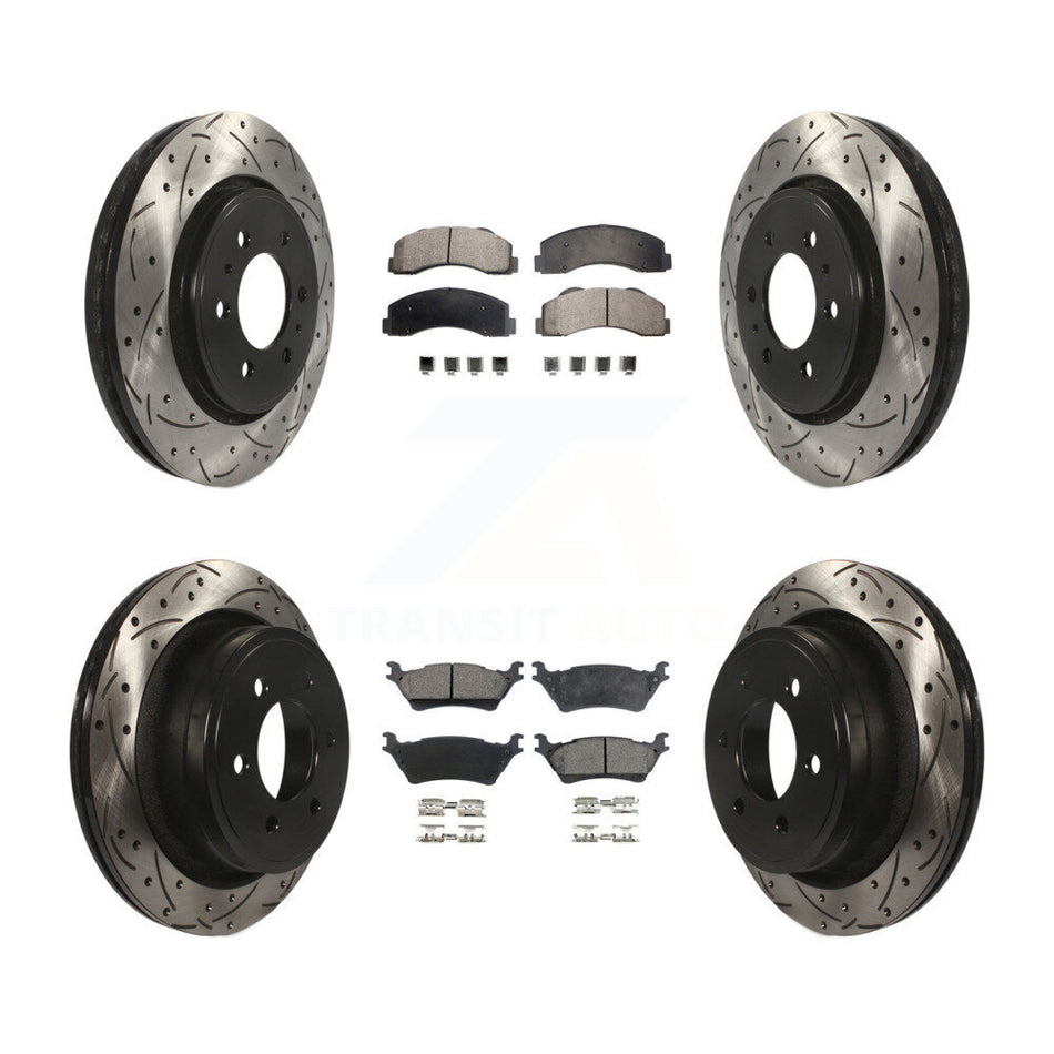 Front Rear Coated Drilled Slotted Disc Brake Rotors And Ceramic Pads Kit For Ford F-150 KDT-100227