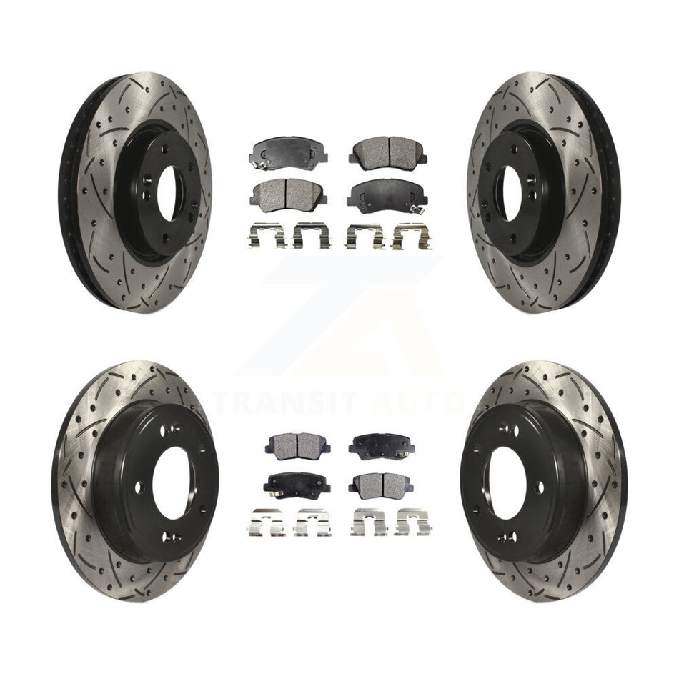 Front Rear Coated Drilled Slotted Disc Brake Rotors And Ceramic Pads Kit For 2015 Hyundai Veloster Tech RE FLEX SE KDT-100312