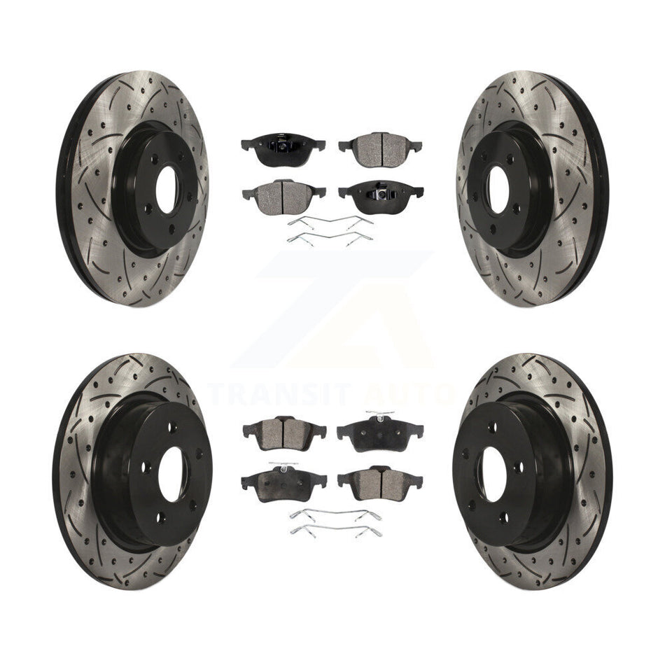 Front Rear Coated Drilled Slotted Disc Brake Rotors And Ceramic Pads Kit For 2014 Ford Connect 104.8" wheel base KDT-100328