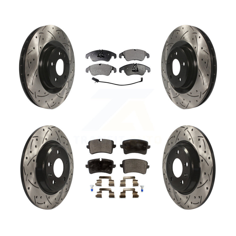 Front Rear Coated Drilled Slotted Disc Brake Rotors And Ceramic Pads Kit For 2013 Audi A6 With 345mm Diameter Rotor KDT-100358