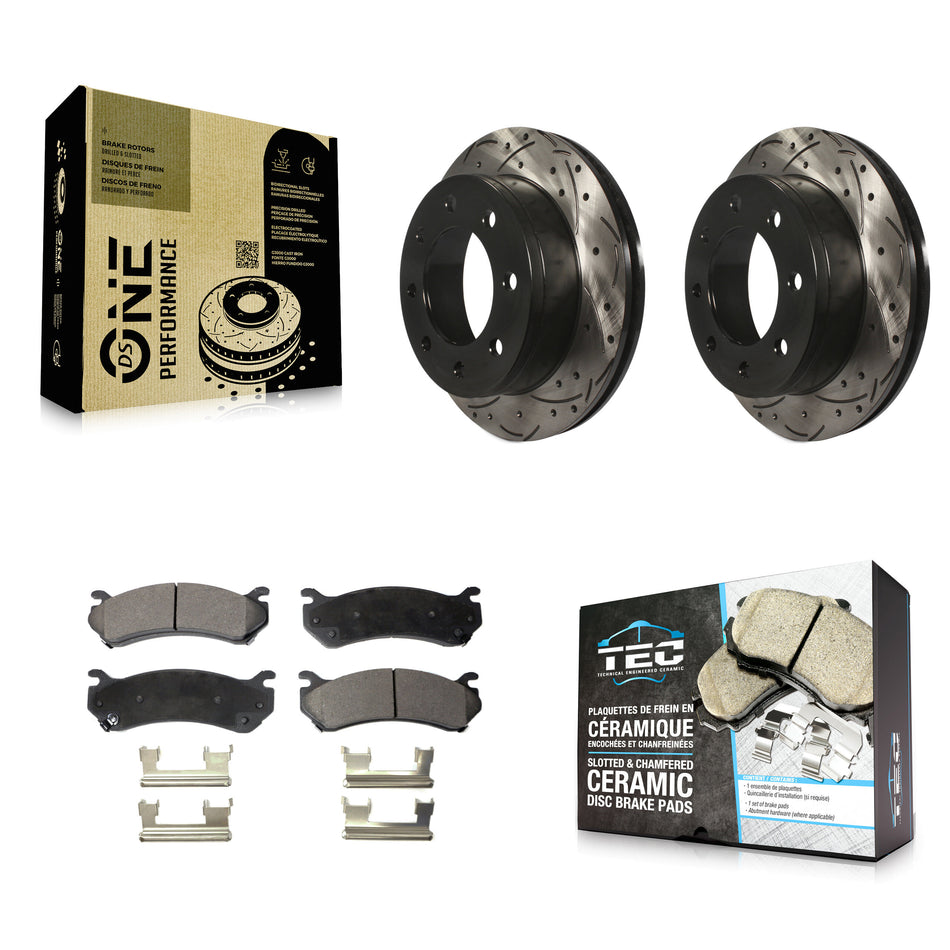 Rear Coated Drilled Slotted Disc Brake Rotors And Ceramic Pads Kit For Chevrolet Silverado 2500 HD GMC Sierra Hummer H2 1500 Suburban Yukon XL Avalanche Classic KDT-100426
