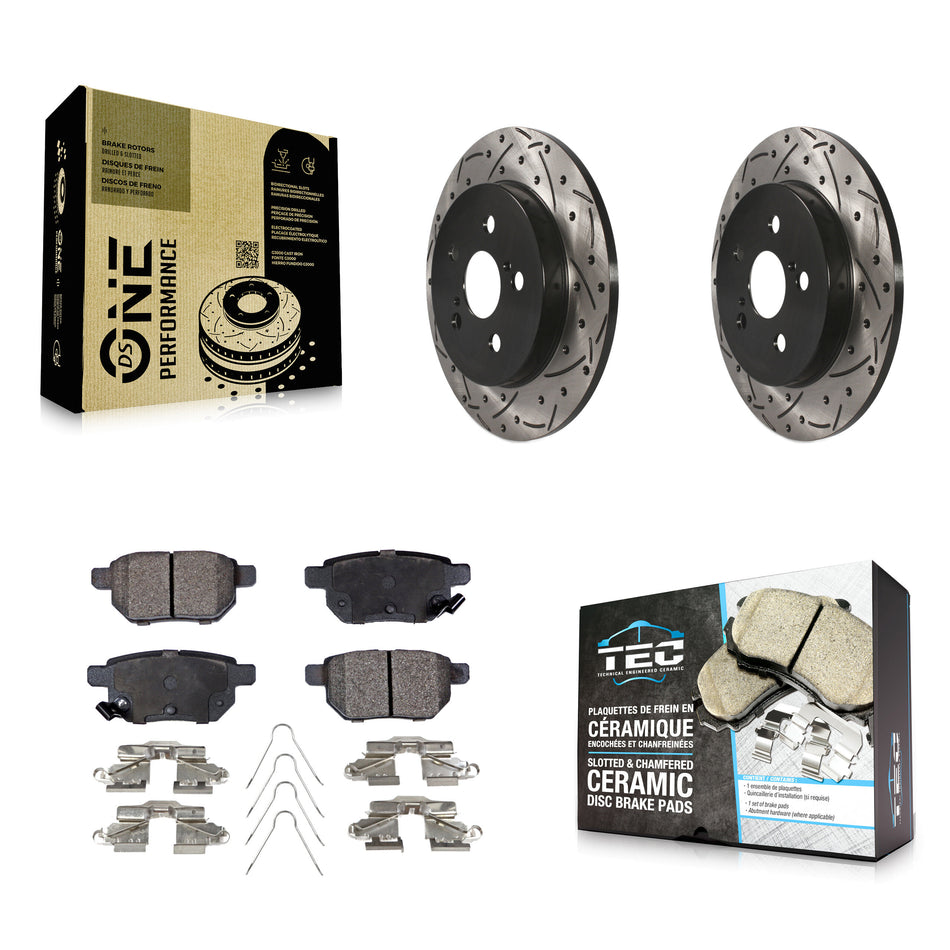 Rear Coated Drilled Slotted Disc Brake Rotors And Ceramic Pads Kit For Toyota Corolla Prius Matrix Prime Pontiac Vibe Lexus CT200h Plug-In KDT-100432
