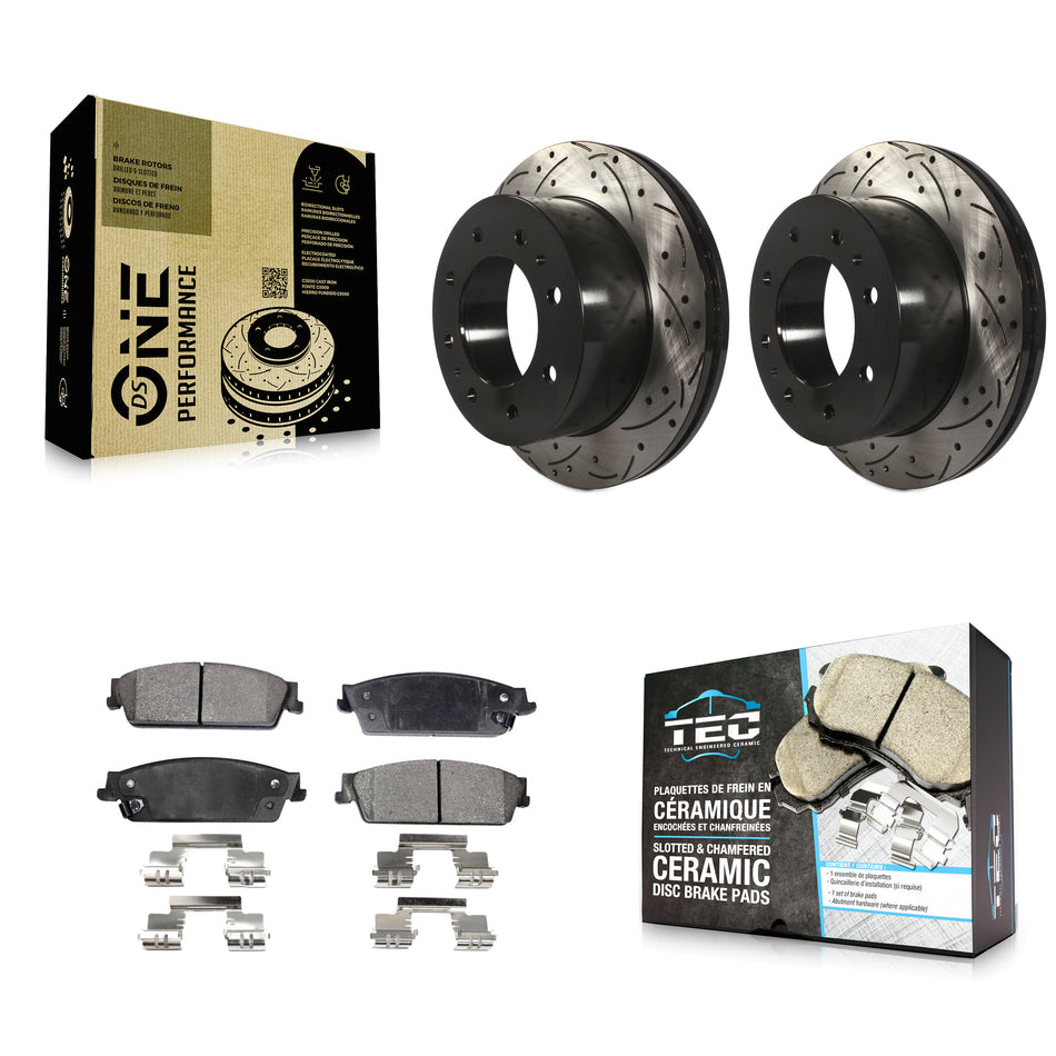 Rear Coated Drilled Slotted Disc Brake Rotors And Ceramic Pads Kit For 2011 Chevrolet Silverado 1500 Hybrid KDT-100441