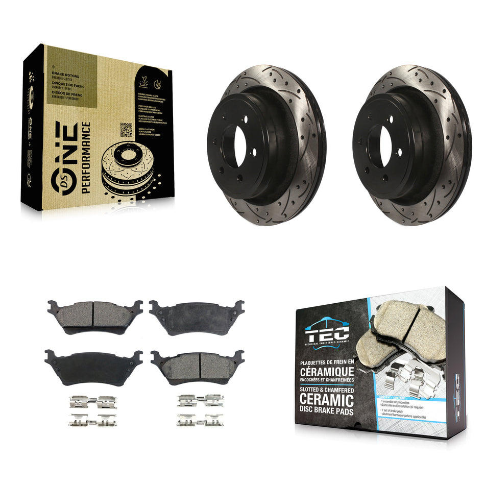 Rear Coated Drilled Slotted Disc Brake Rotors And Ceramic Pads Kit For Ford F-150 KDT-100462