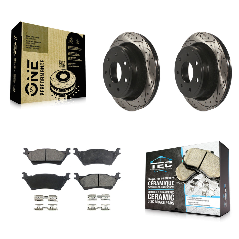 Rear Coated Drilled Slotted Disc Brake Rotors And Ceramic Pads Kit For 2012-2014 Ford F-150 With 7 Lug Wheels KDT-100463