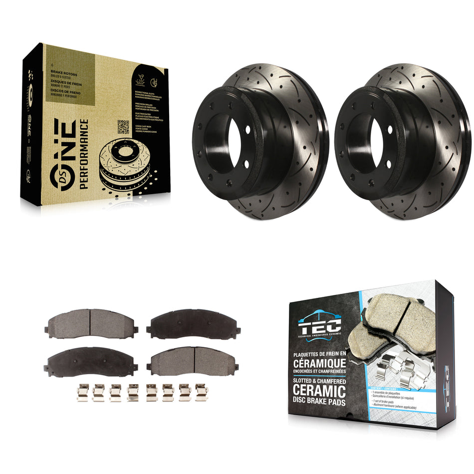 Rear Coated Drilled Slotted Disc Brake Rotors And Ceramic Pads Kit For Ford F-250 Super Duty F-350 KDT-100469