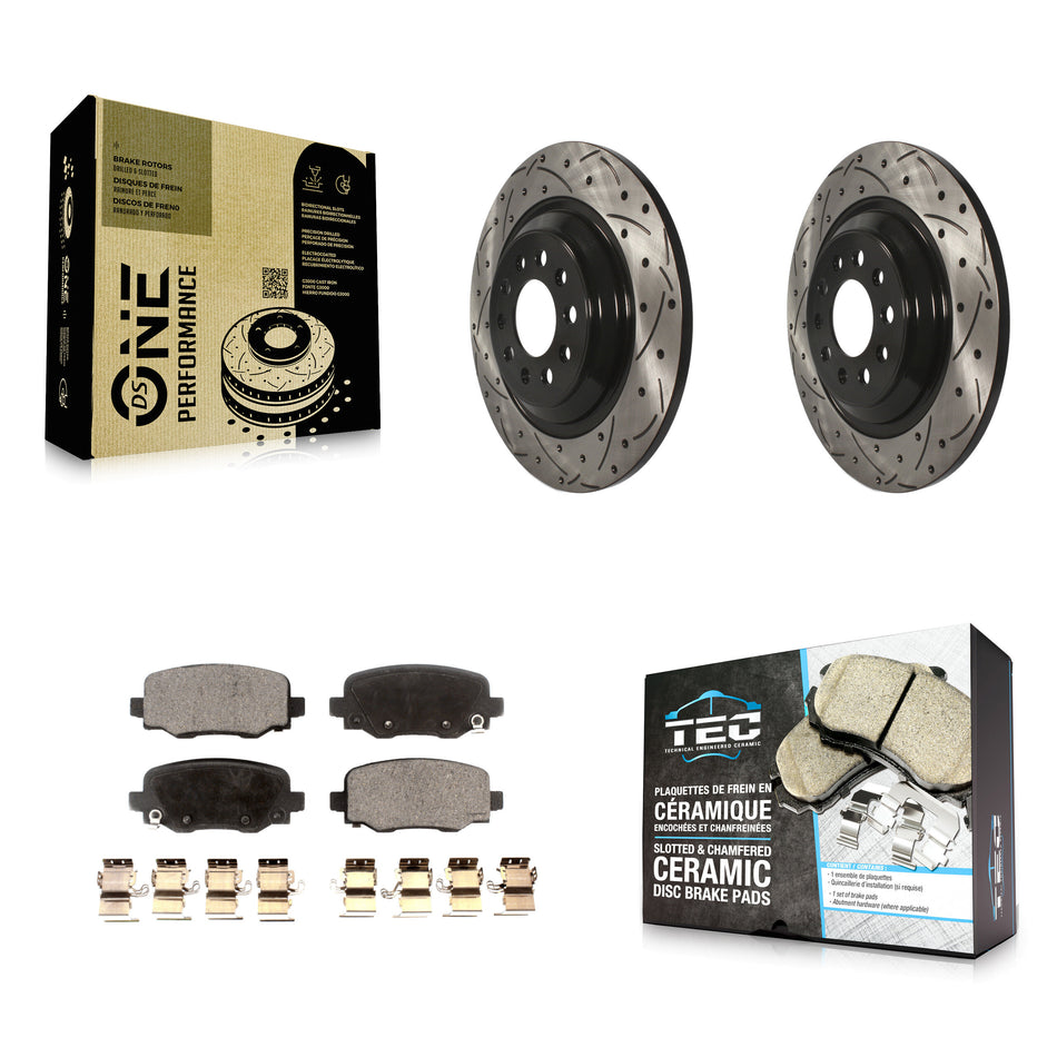 Rear Coated Drilled Slotted Disc Brake Rotors And Ceramic Pads Kit For 2014-2021 Jeep Cherokee With Dual Piston Front Caliper KDT-100489
