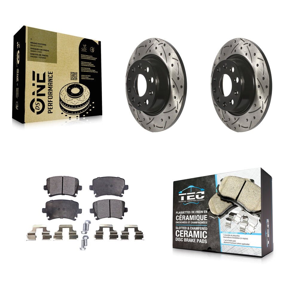 Rear Coated Drilled Slotted Disc Brake Rotors And Ceramic Pads Kit For Volkswagen Tiguan CC Jetta Audi Passat GTI A3 Eos Q3 Limited Quattro KDT-100530