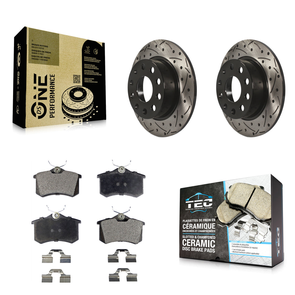 Rear Coated Drilled Slotted Disc Brake Rotors And Ceramic Pads Kit For 2011 Volkswagen Jetta With 253mm Diameter Rotor KDT-100535