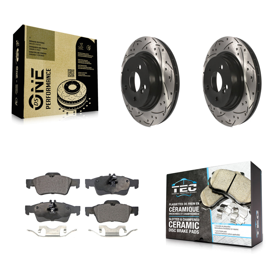 Rear Coated Drilled Slotted Disc Brake Rotors And Ceramic Pads Kit For Mercedes-Benz E550 With 300mm Diameter Rotor KDT-100555